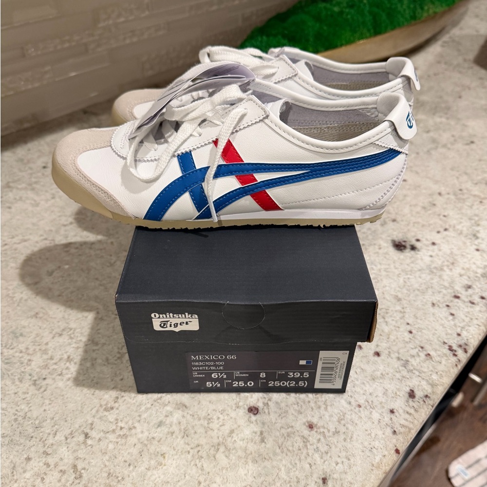 Onitsuka Tiger Mexico 66 White Sneakers with Blue & Red Stripes
